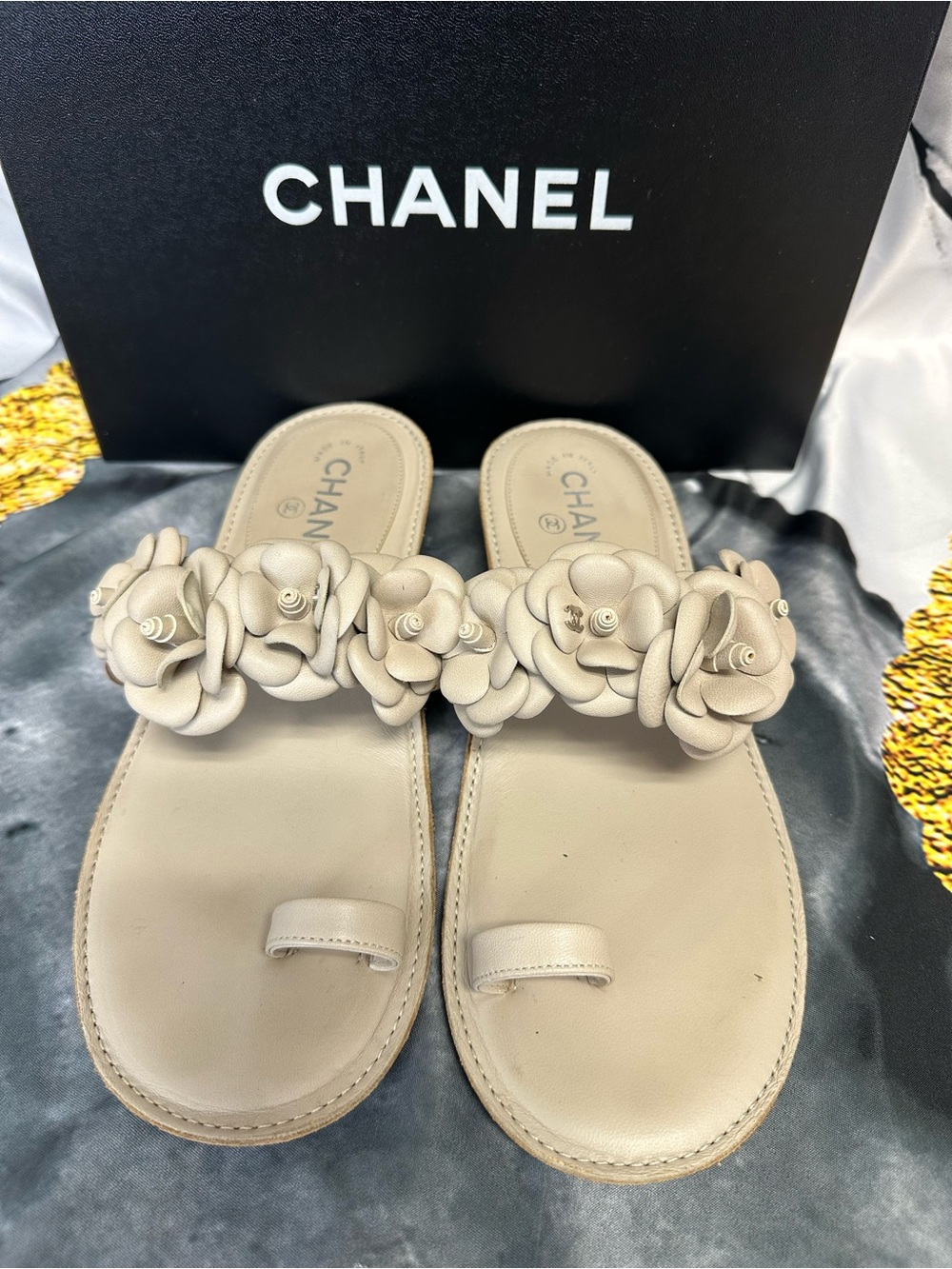 CHANEL Beige Camellia Leather Slide Sandals size 8.5